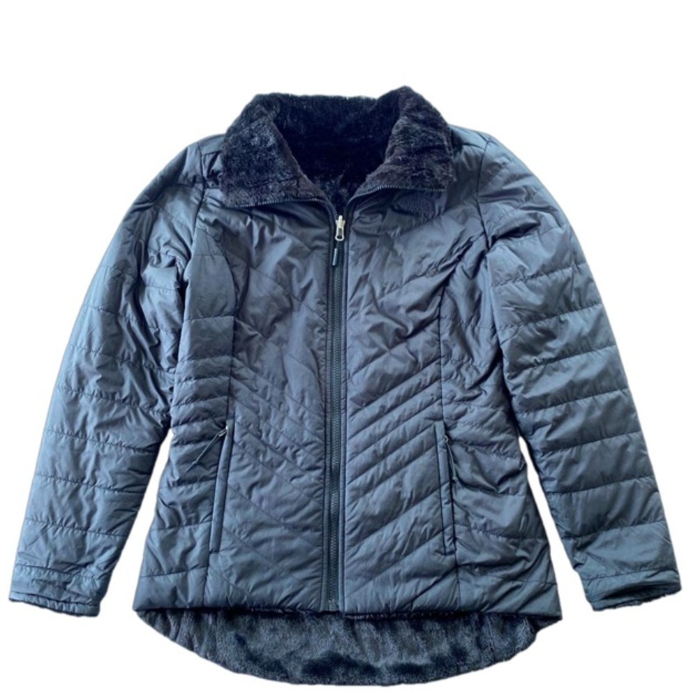 The North Face Reversible Mossbud Insulated Jacket Full Zip Faux Fur Down Black.